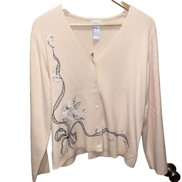 Koret Sweaters - Vintage Koret Womens Cardigan Size Medium Pink Embroidered Floral Grandma V-Neck